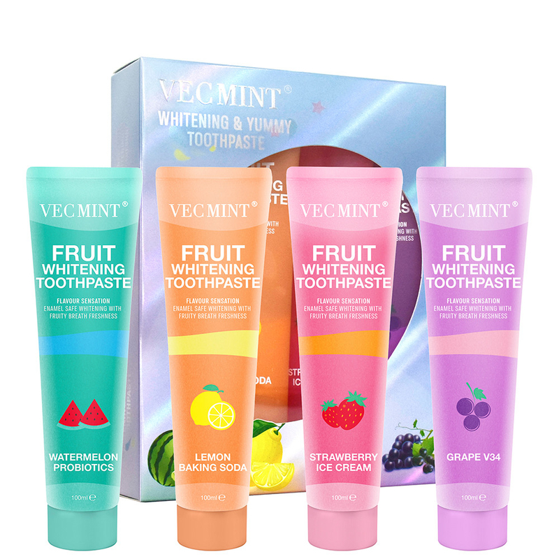 Vecmint 100ml میوه - ترکیب خمیر دندان سفید کننده طعم دار - 4 طعم خوشمزه، گچ - سفید کننده ایمن و تازه میوه