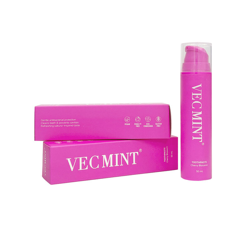 خمیر دندان VECMINT Cherry Blossom 50mL - طراحی بطری پمپ خمیر دهان بدون فلوراید برای دندان های نرم